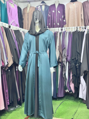 Premium Teal Satin Open Abaya with Black Inner & Tie Belt